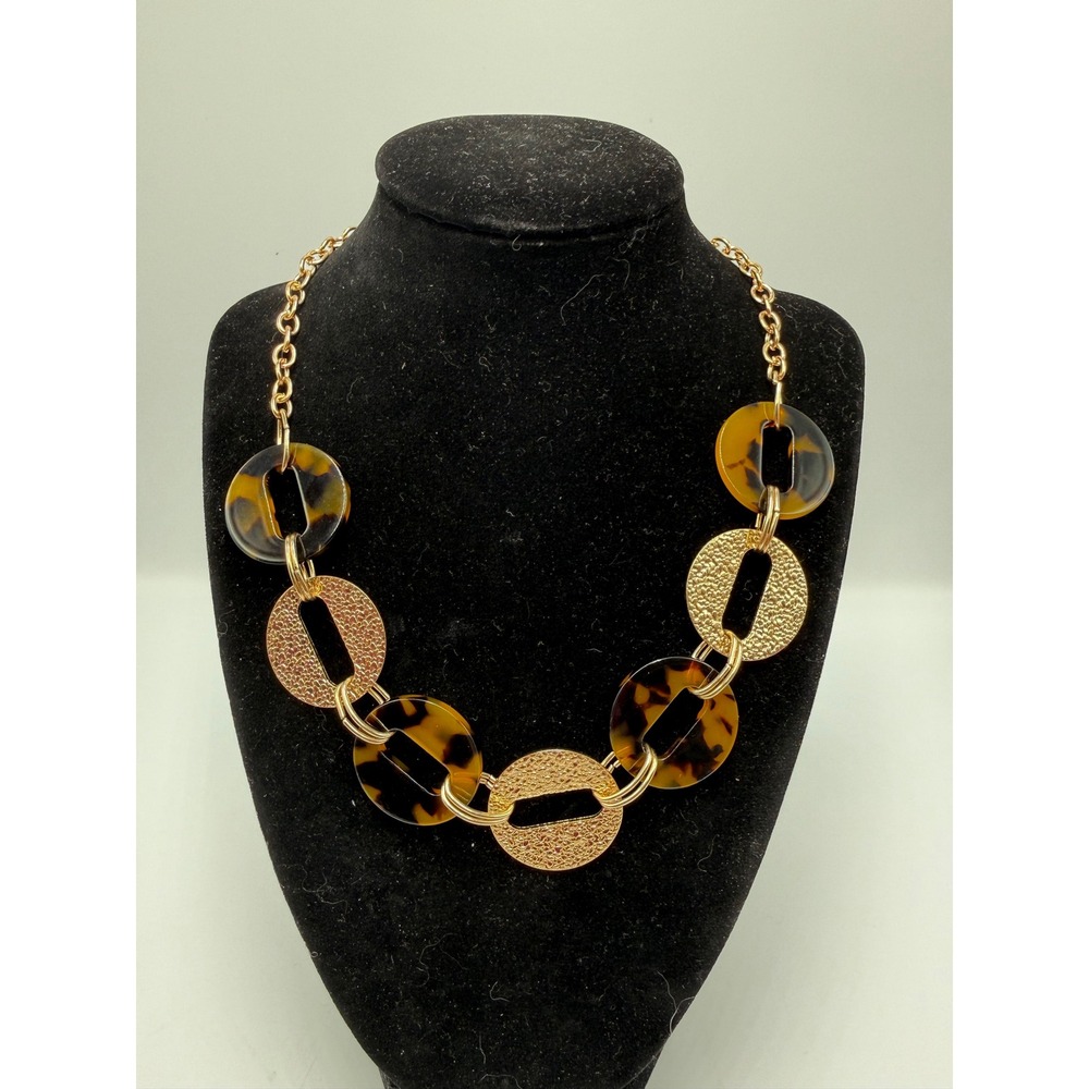 Gold Tone Tortoise Shell Resin Chunky Link Statement Necklace Geometric Hammered